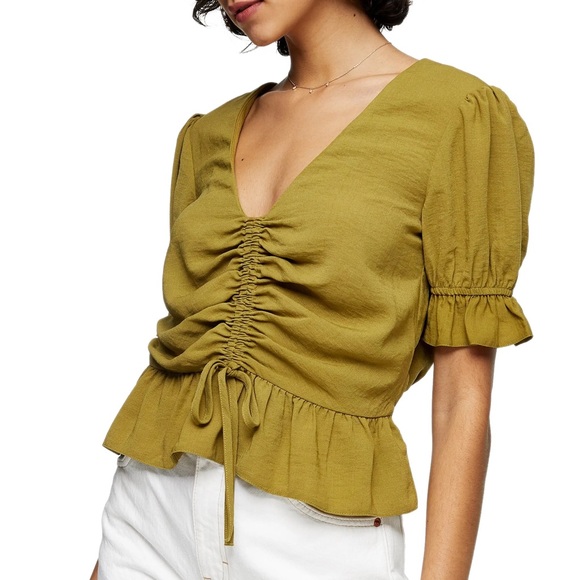 TOPSHOP Margot Ruched Top In Green